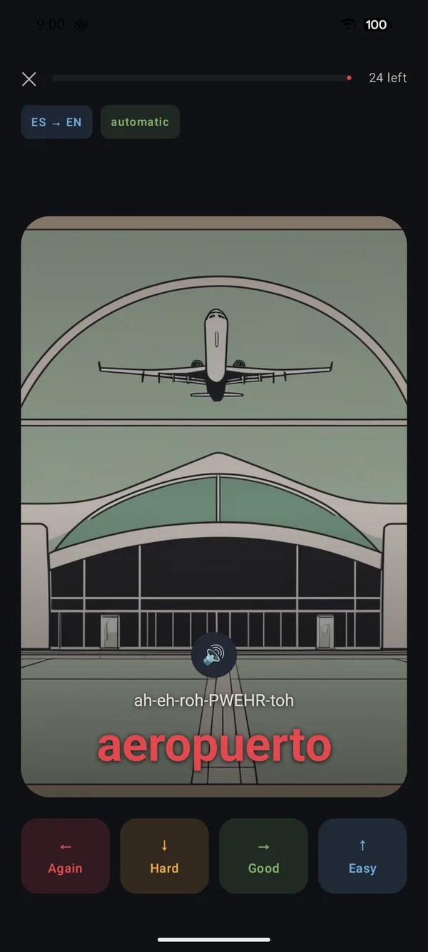 A picture card: an illustration of an airport with the Spanish word aeropuerto, its pronunciation and audio