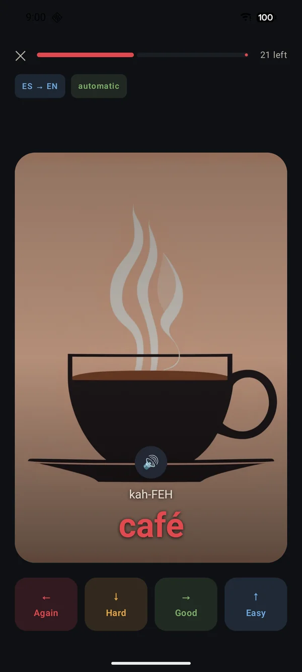 A Scholright study card: a warm illustration of a steaming cup of coffee with the Spanish word café, its pronunciation kah-FEH, an audio button, and the Again / Hard / Good / Easy review buttons