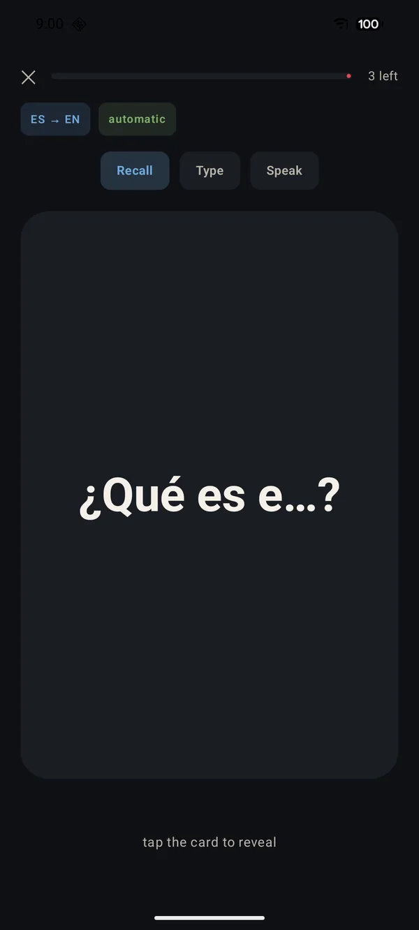 A cloze card: the Spanish “¿Qué es e…?” with the answer blanked down to a first-letter cue, to fill in from memory
