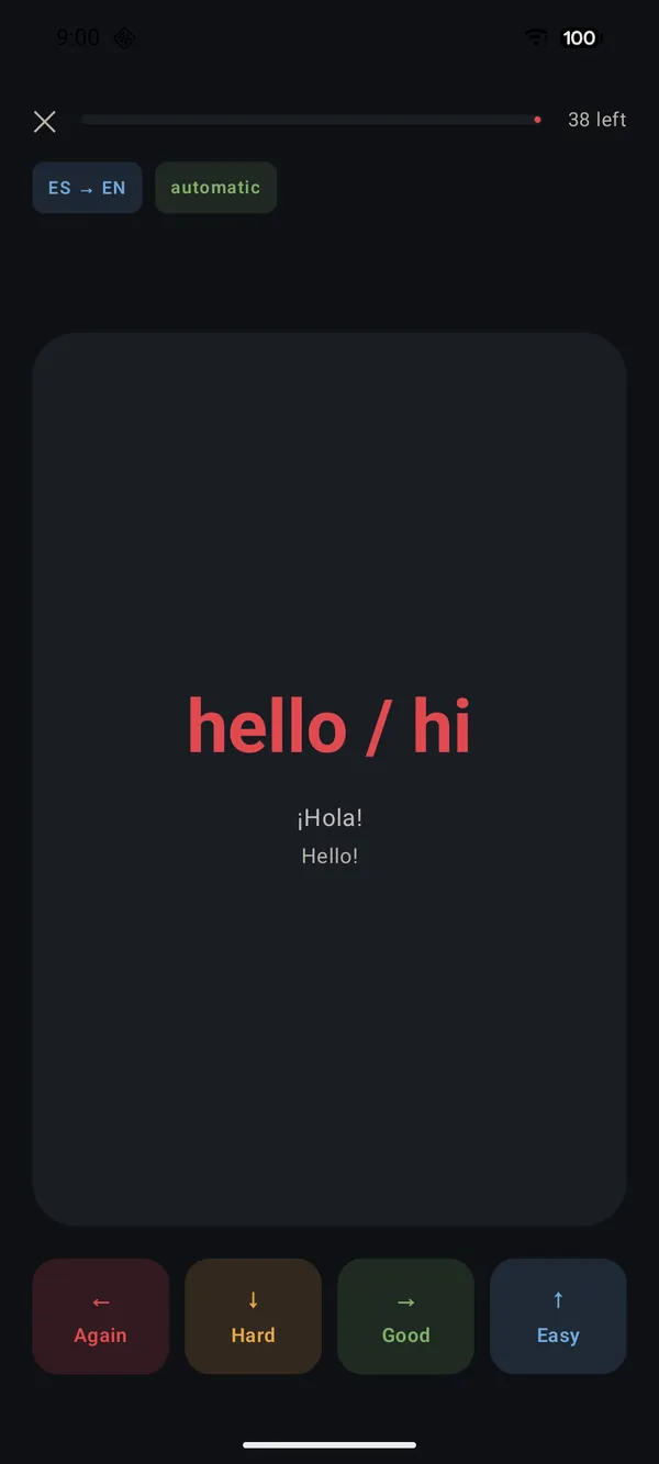 A vocabulary card revealed — the Spanish “¡Hola!” with its example sentence and the Again / Hard / Good / Easy buttons
