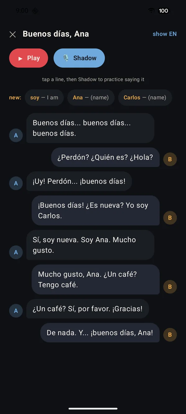 A chat-style Spanish dialogue with Play and Shadow buttons to listen and practise saying each line