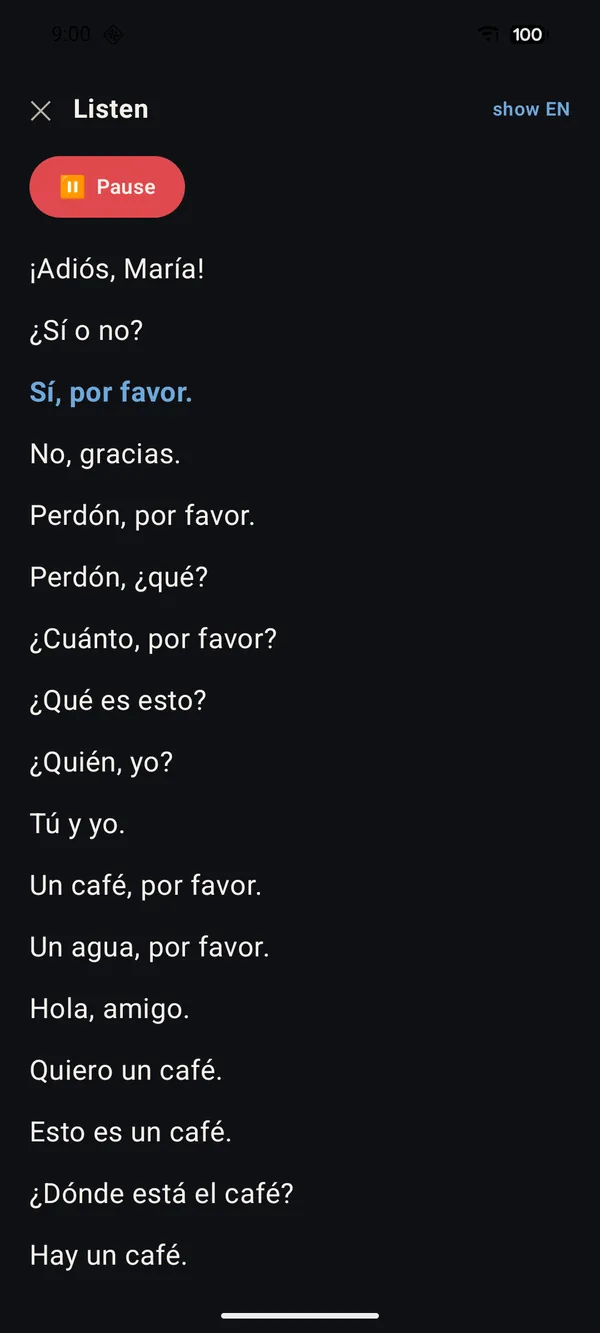 A hands-free listening screen playing Spanish sentences with the current line highlighted